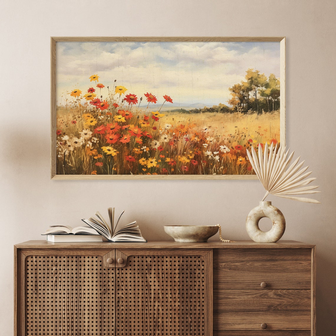 Spring Wildflower Meadow Red Yellow Daisies Golden Field Vintage Print - Image 3