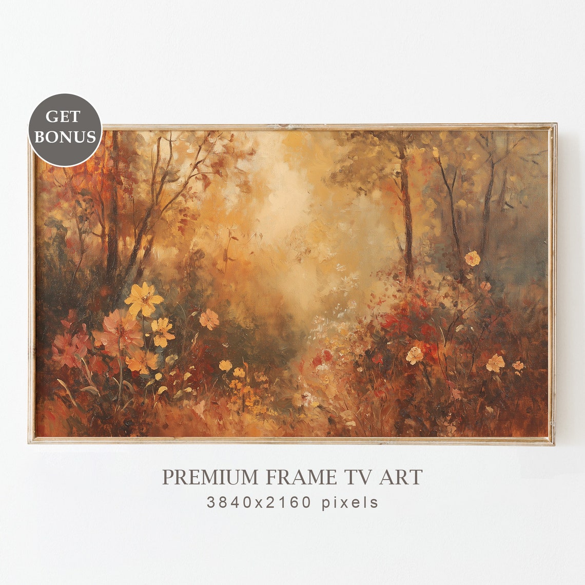 Golden Autumn Forest Sunlit Wildflower Clearing Light Beam Poster