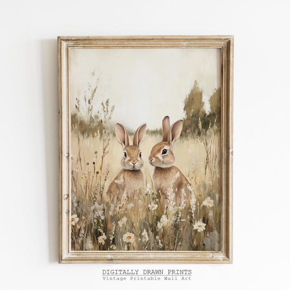 Easter Bunny Wall Art Oil Painting Style Farmhouse Print Vintage Neutral Spring Decor