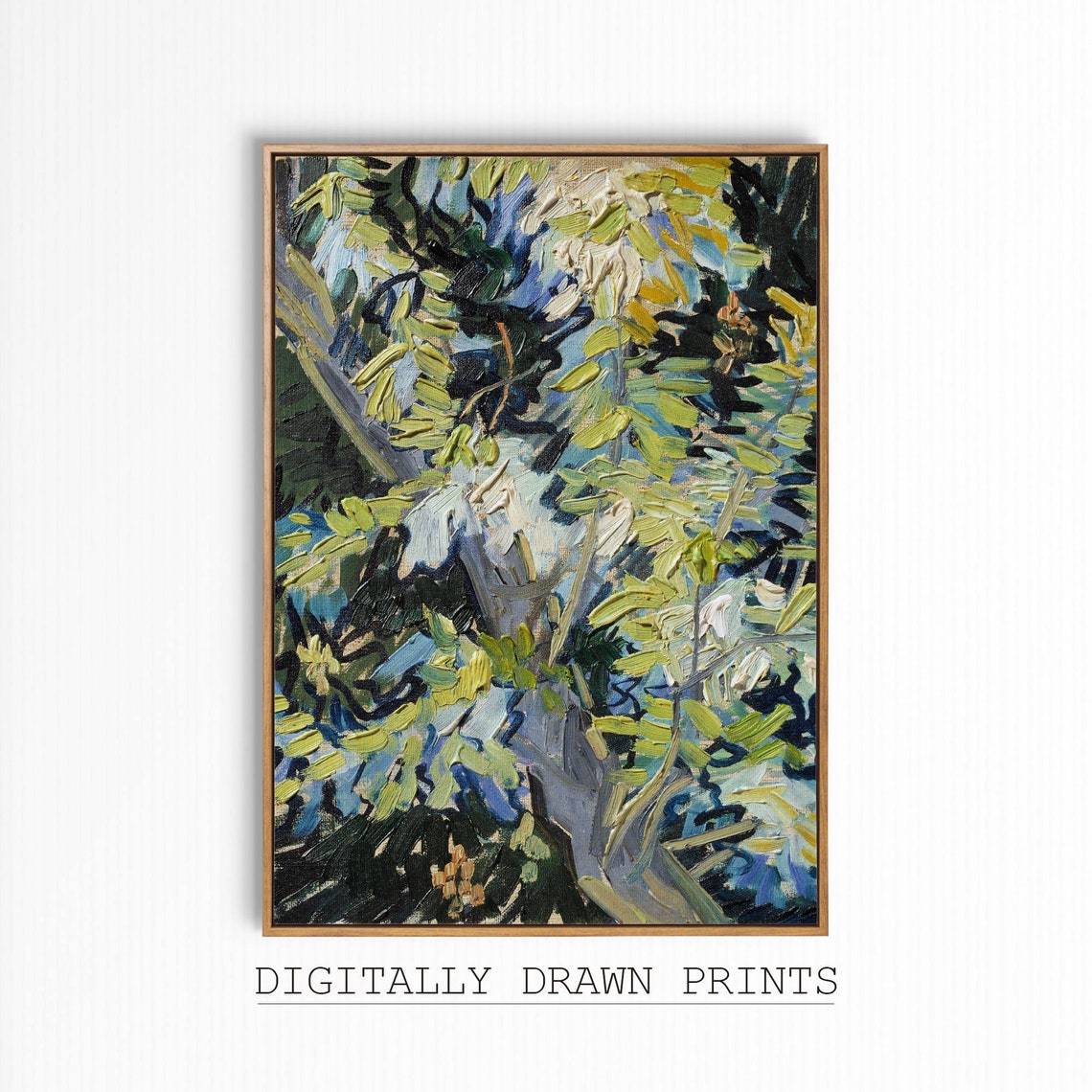 Green Leafy Tree Branches Impasto Blue Sky Vintage Oil Painting Poster