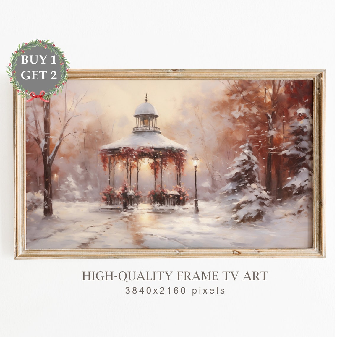 Snowy Park Gazebo Winter Sunset Vintage Romantic Landscape Poster