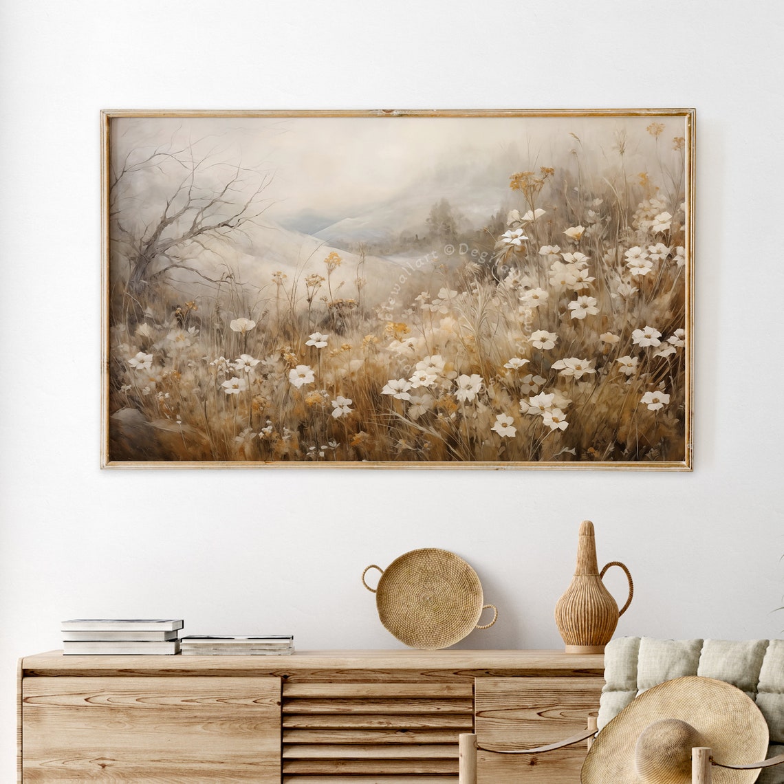 Moody Muted White Wildflower Hillside Misty Neutral Field Wall Art - Image 2