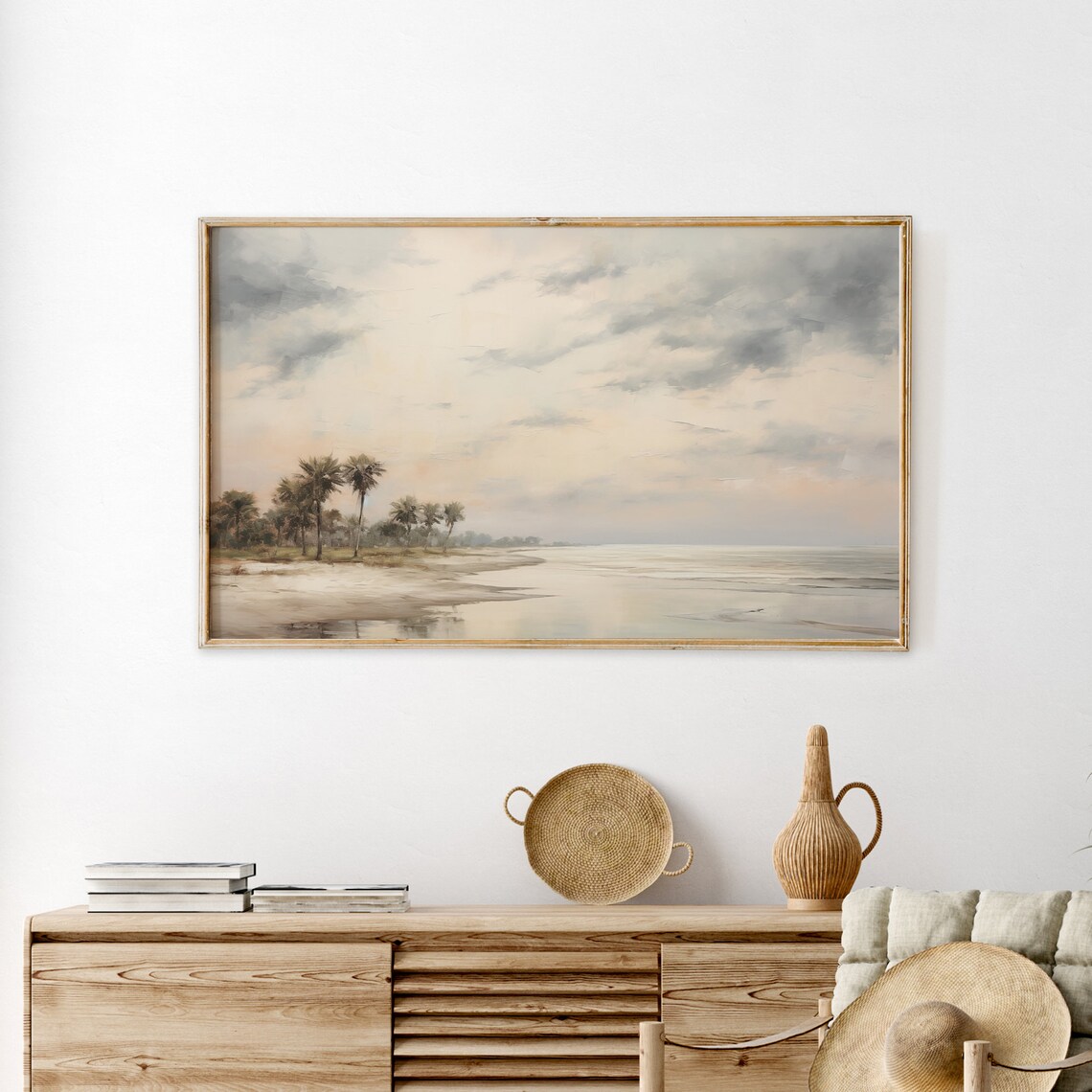 Soft Sunrise Palm Beach Sandy Shore Cloudy Sky Neutral Coastal Art Poster - Image 3