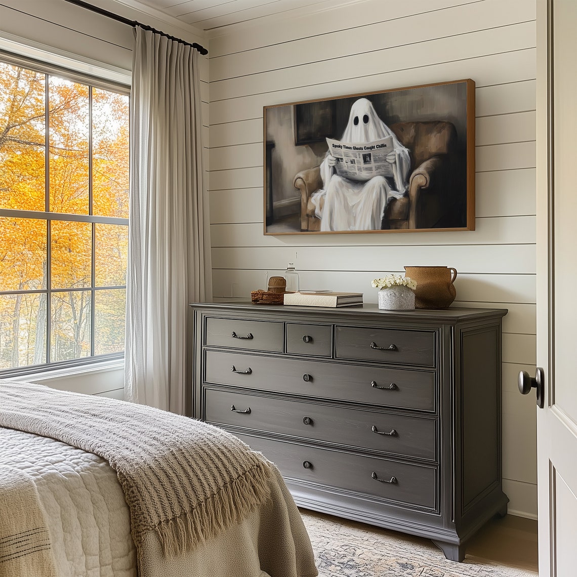 Funny Ghost Reading Spooky Times Newspaper Armchair Halloween Poster - Image 4