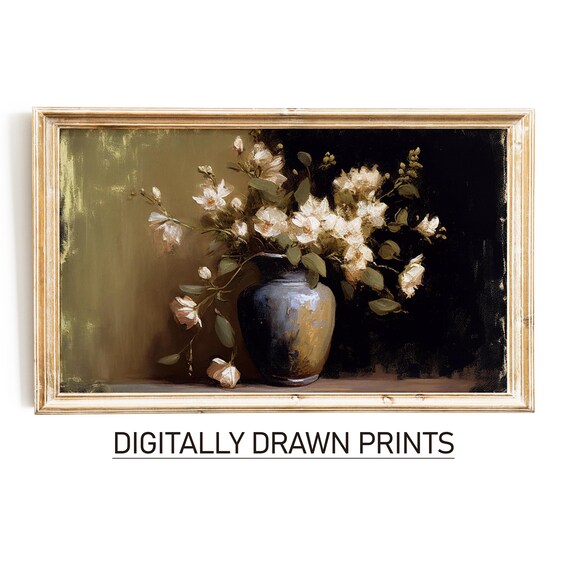 Vintage Floral Still Life White Blossoms Dark Vase Moody Antique Oil Print