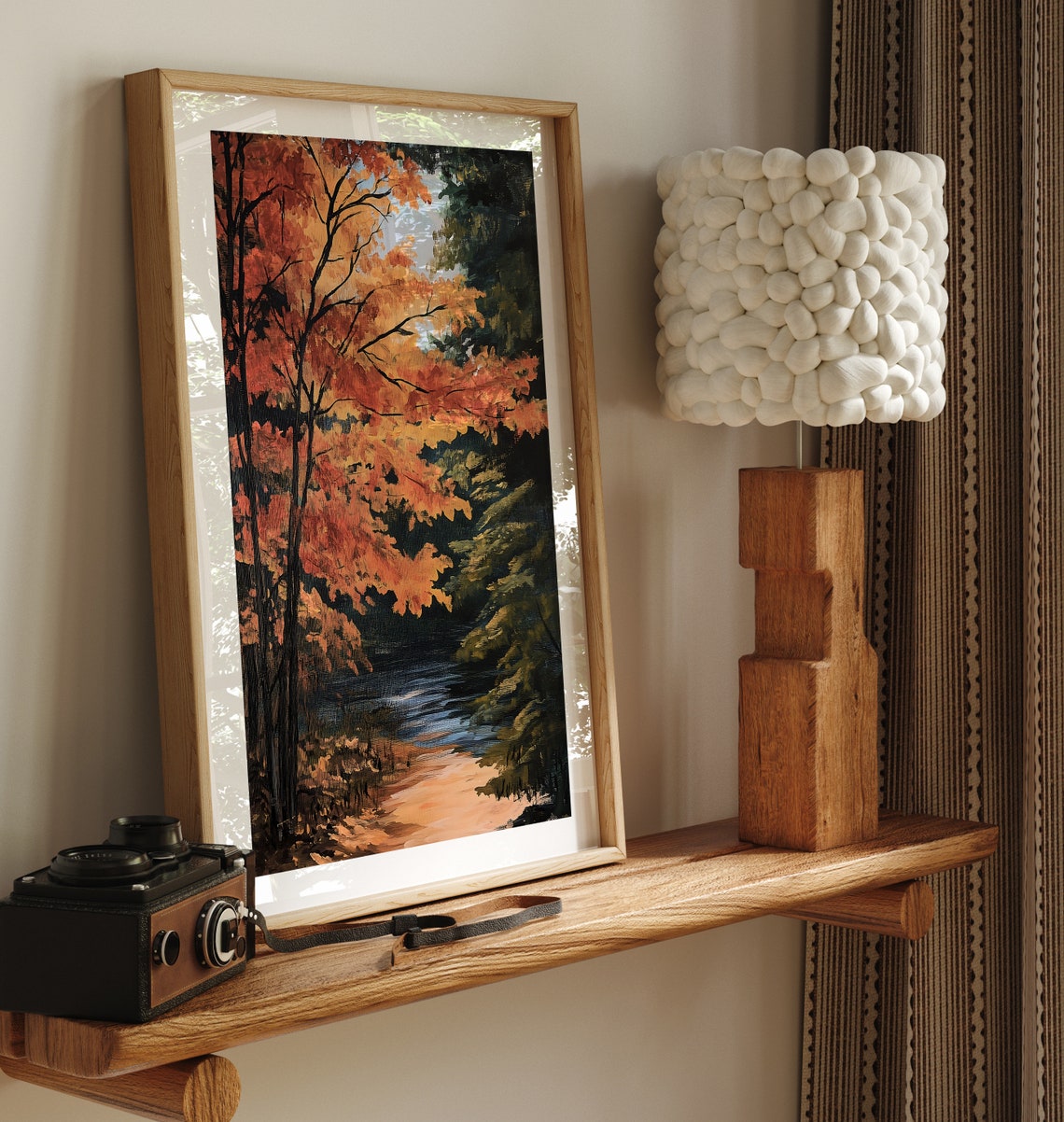Fiery Autumn Tree Branches Over Dark Stream Rustic Painting Poster - Image 3
