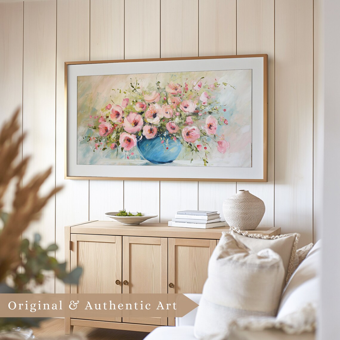 Pink Poppies Blue Vase Textured Floral Still Life Oil Painting Summer Poster - Image 4