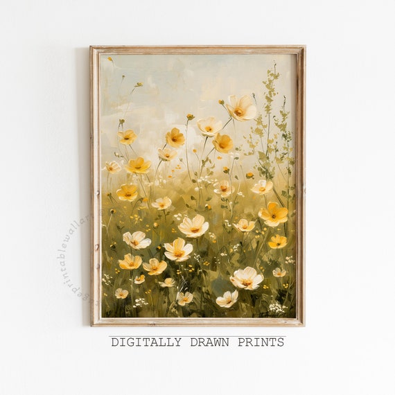 Wildflower Field Landscape, Vintage Floral Farmhouse
