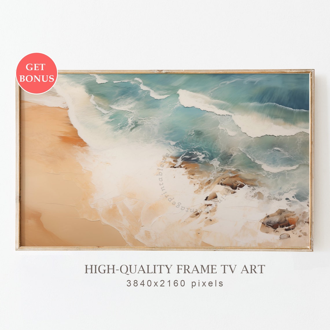 Aerial Beach Waves Turquoise Ocean Sandy Shore Watercolor Poster