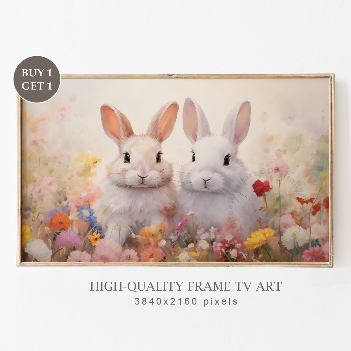 Two Bunnies Among Colorful Wildflowers Pastel Easter TV Art Poster