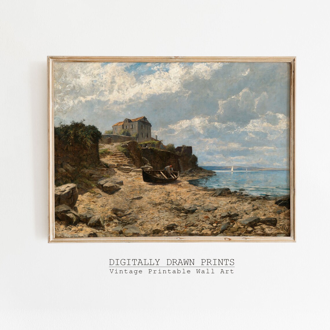 Mediterranean Coastal Villa Fishing Boat Rocky Shore Vintage Seascape Poster