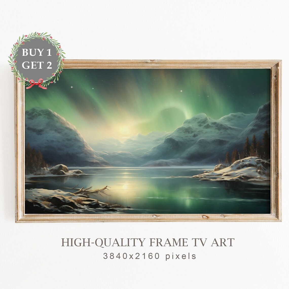Northern Lights Oil Painting, Scandinavian Christmas Art Print