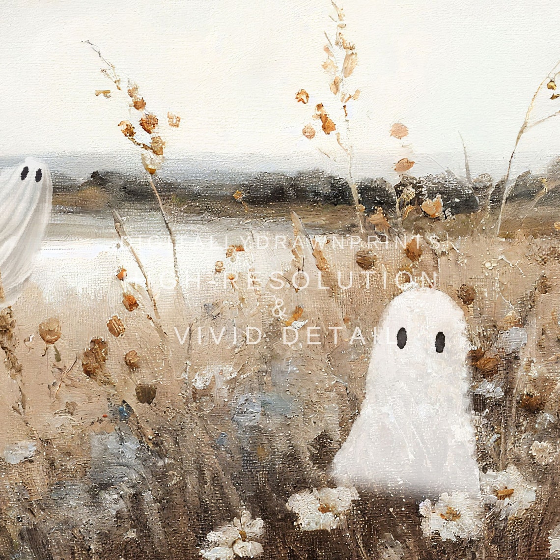 Cute Sheet Ghosts In Wildflower Meadow Neutral Halloween Spooky Print - Image 2