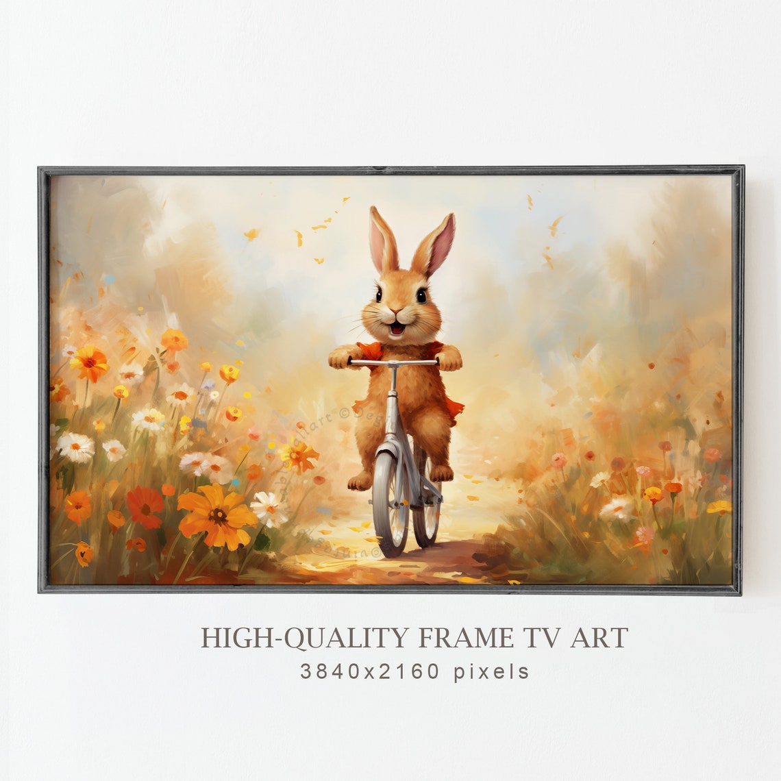Cute Bunny Riding Bicycle Flower Path Spring Easter Frame TV Art Print - Image 3