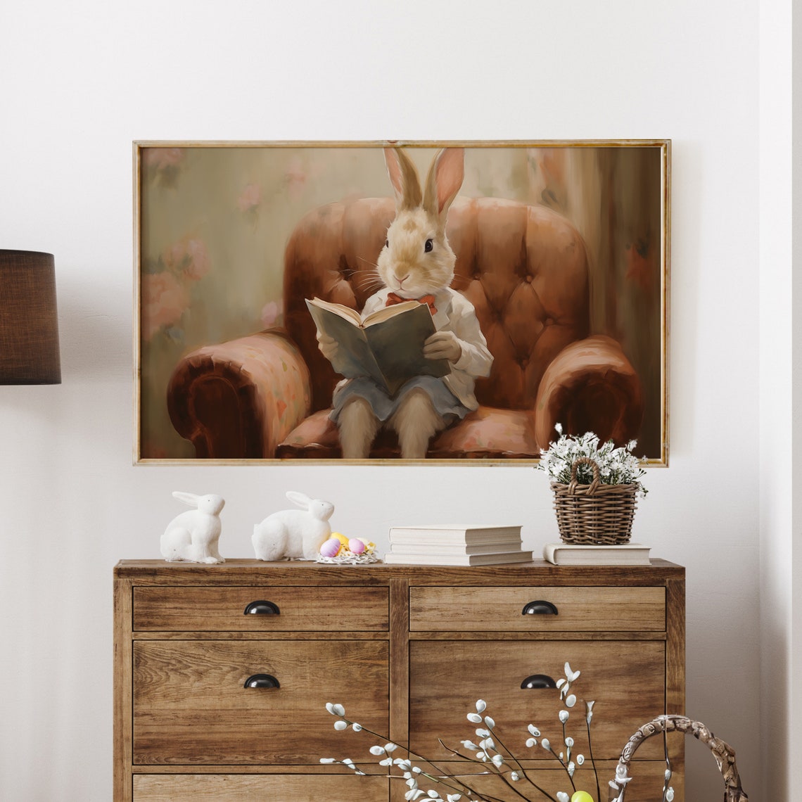 Easter Bunny Reading Book Leather Armchair Oil Painting TV Art Poster - Image 3