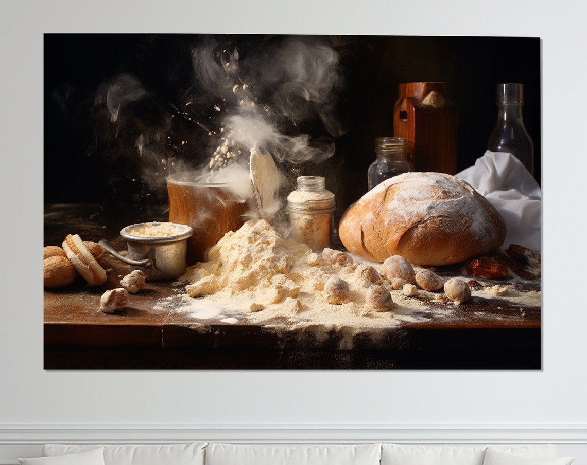 Rustic Bread Baking Flour Loaf Still Life Bakery Kitchen Wall Art