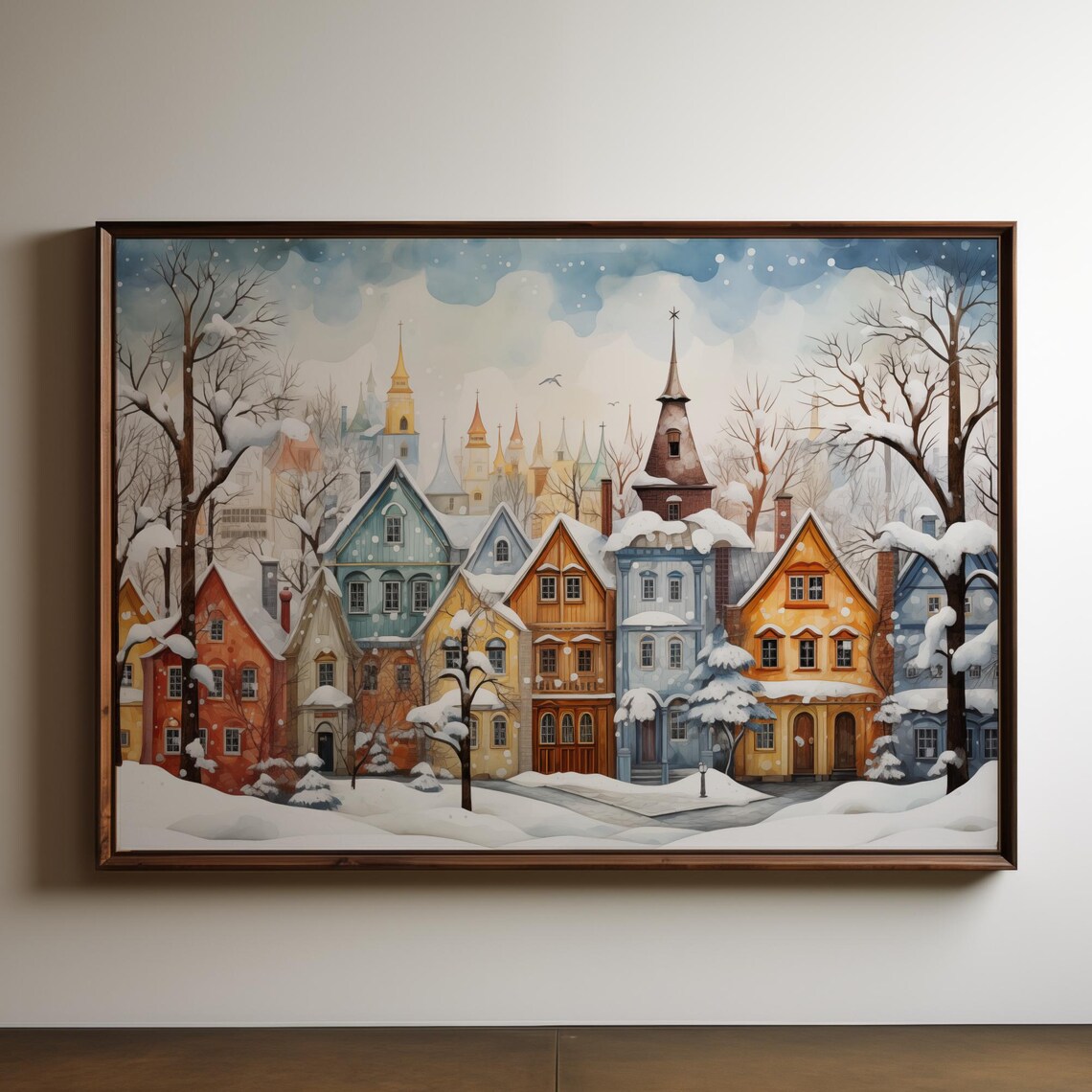 Snowy Christmas Village Watercolor Festive Winter Town Art Poster
