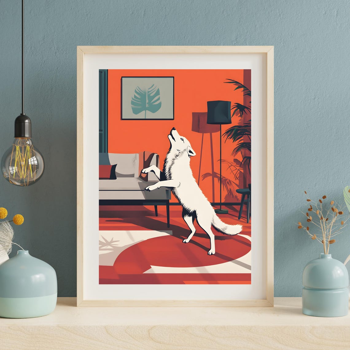 Playful White Wolf Howling Retro Living Room Mid Century Art Poster - Image 5