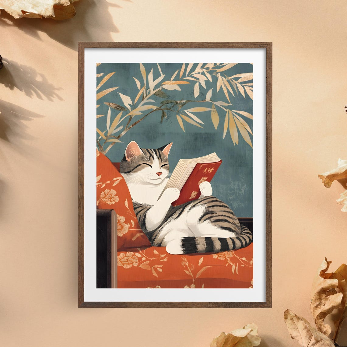 Cat Reading Book Japanese Style Cozy Tabby Animal Nursery Art Poster