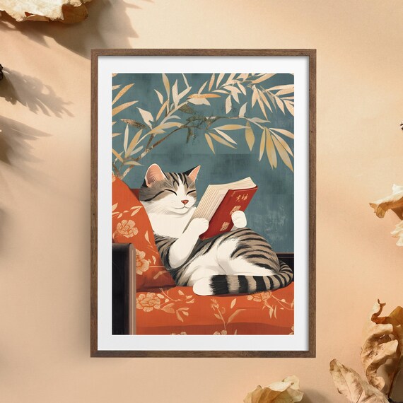 Cat Reading Book Japanese Style Cozy Tabby Animal Nursery Art Poster