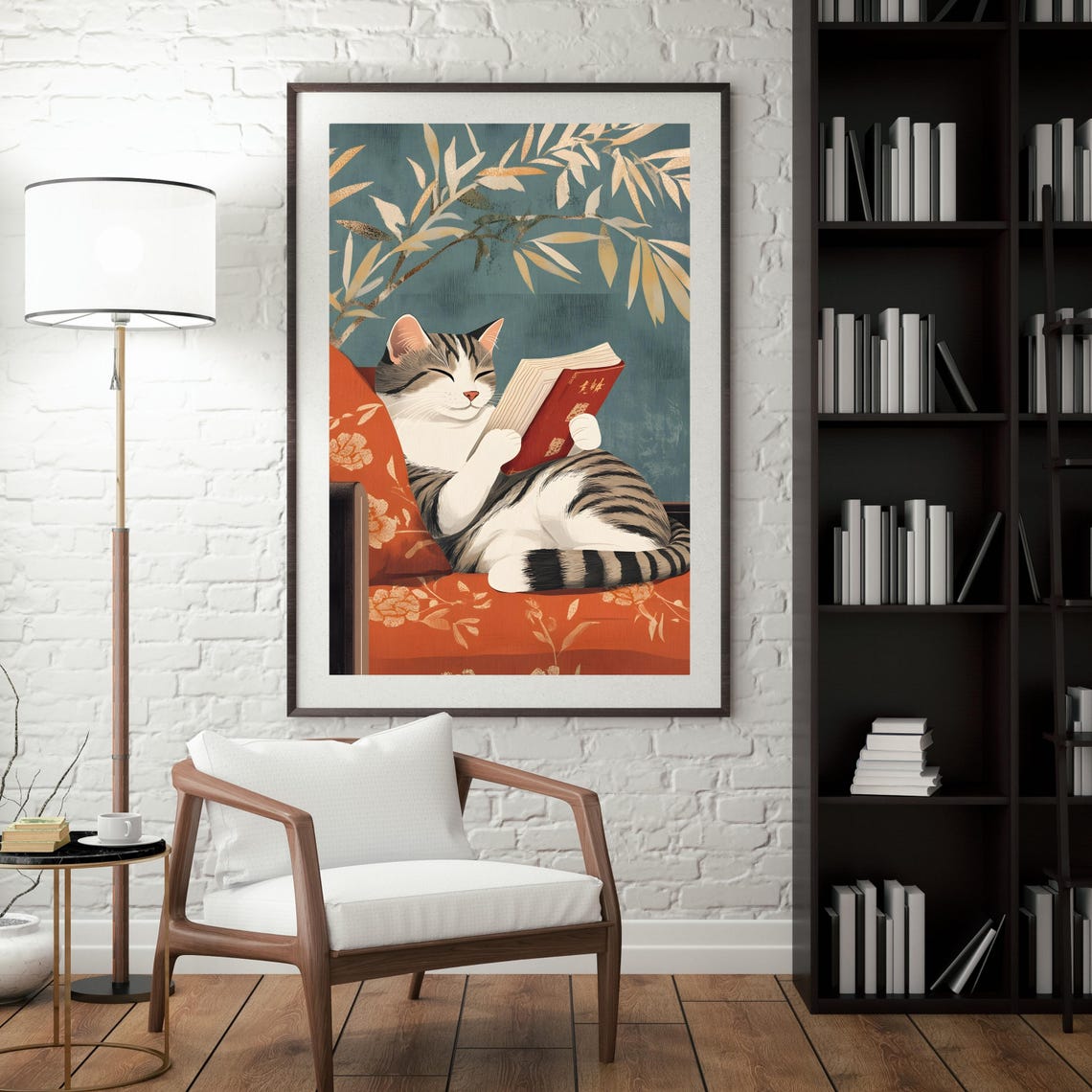 Cat Reading Book Japanese Style Cozy Tabby Animal Nursery Art Poster - Image 5