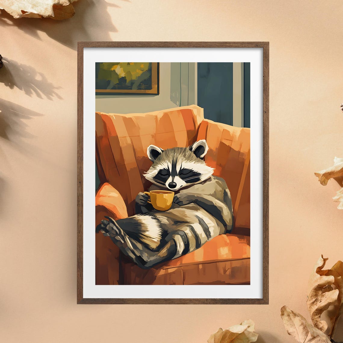 Relaxed Raccoon in an Orange Armchair Holding a Warm Mug Poster - Image 5