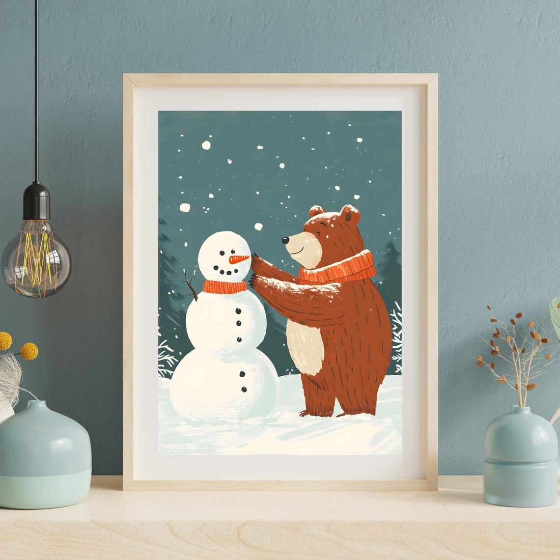 Cute Brown Bear in Orange Scarf Building a Snowman Winter Poster - Image 3