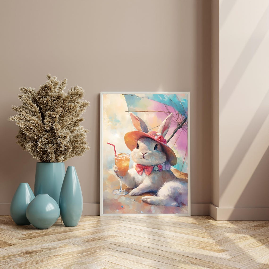 White Bunny In A Sun Hat Sipping An Iced Drink Summer Art Poster - Image 4