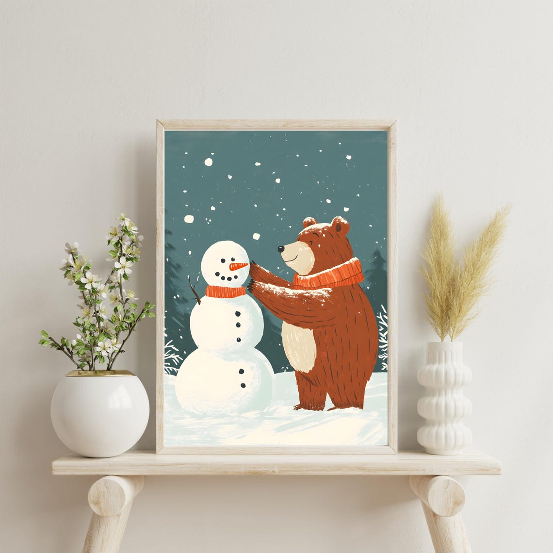 Cute Brown Bear in Orange Scarf Building a Snowman Winter Poster - Image 4