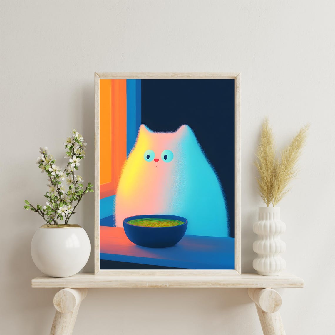 Fluffy Rainbow Cat With Bowl Of Ramen Sunset Window Cat Poster - Image 2