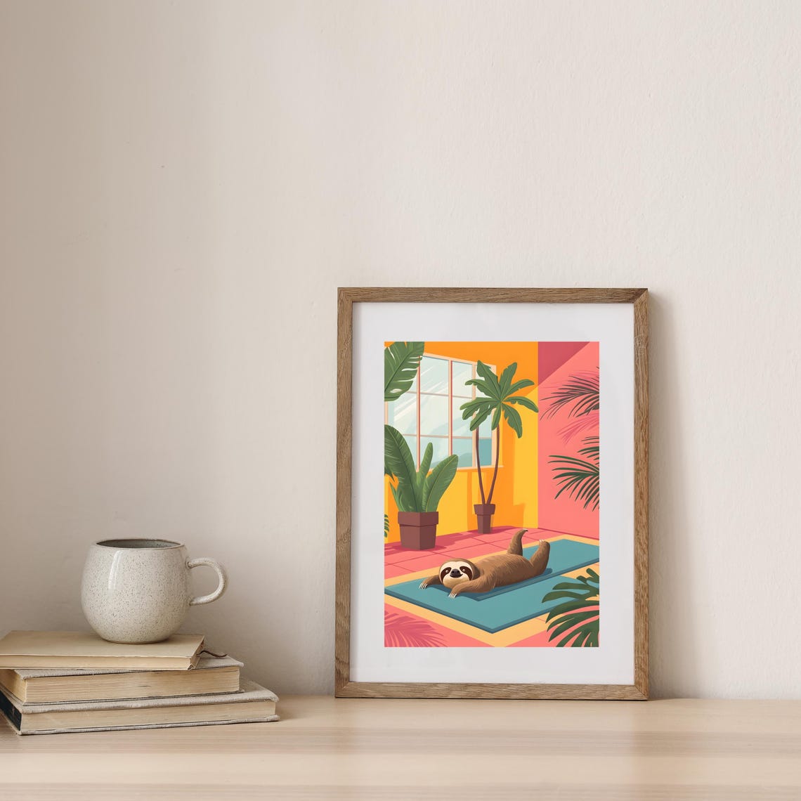 Sloth Doing Yoga on a Blue Mat in a Colorful Tropical Room Poster - Image 7