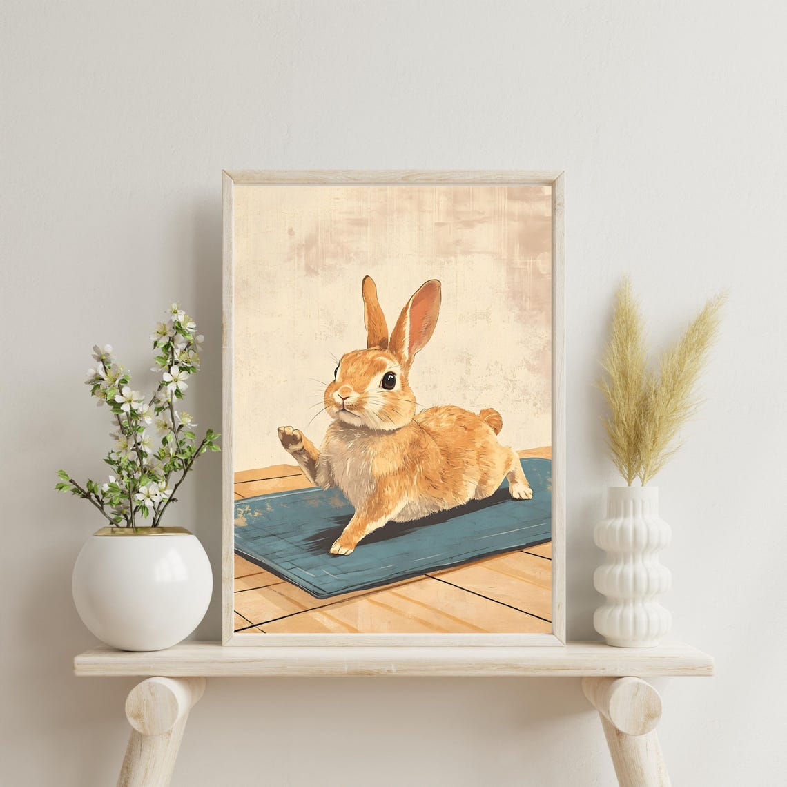 Cute Orange Bunny Doing Yoga Stretch On A Blue Mat Funny Poster - Image 4