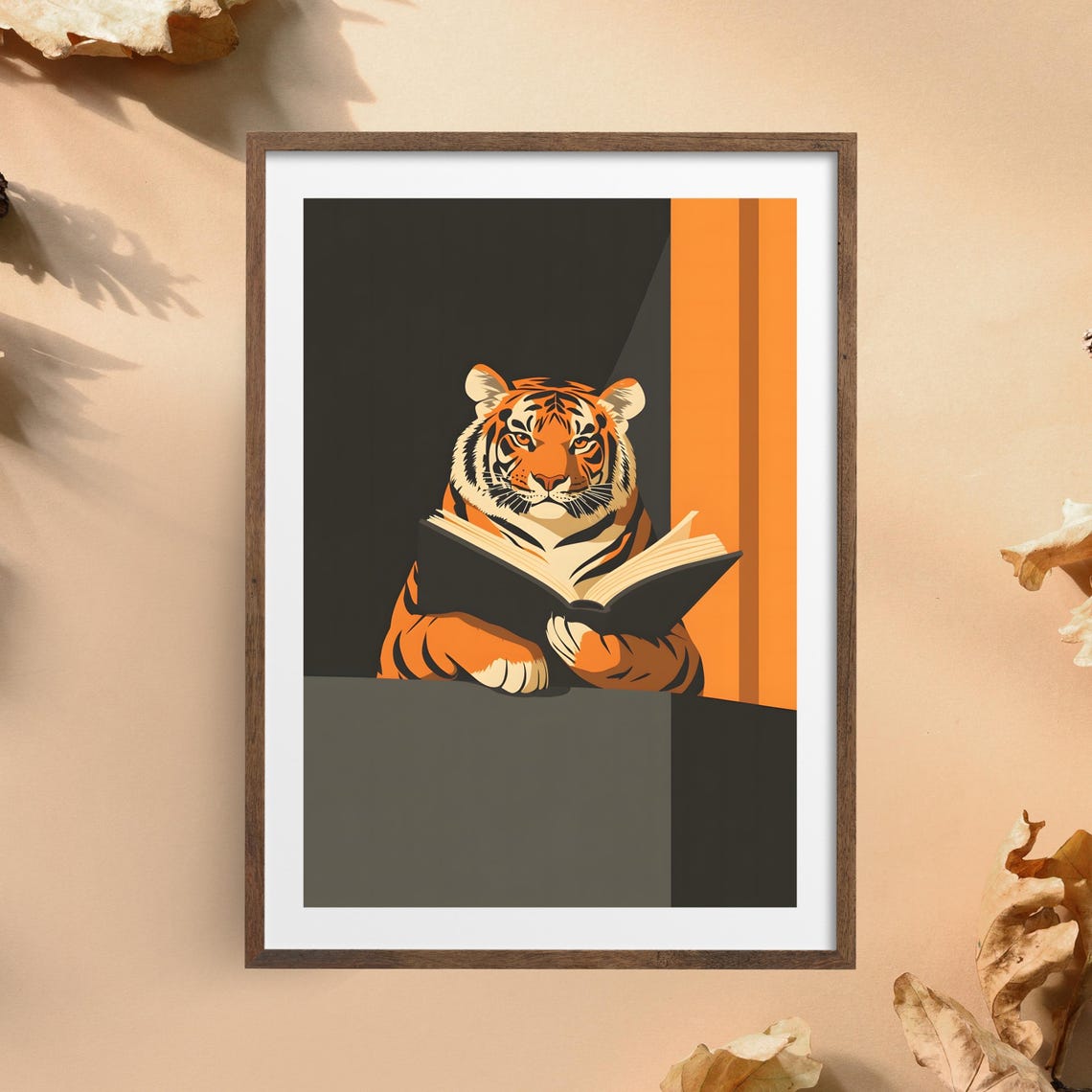 Sophisticated Tiger Reading Book Minimalist Orange Black Art Poster