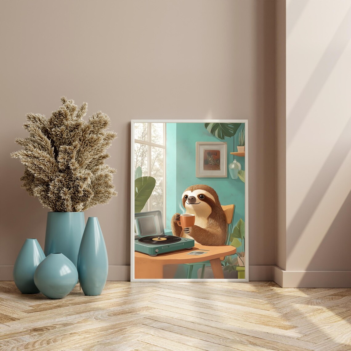 Smiling Sloth Drinking Hot Coffee Beside a Vintage Mint Record Player Poster - Image 3
