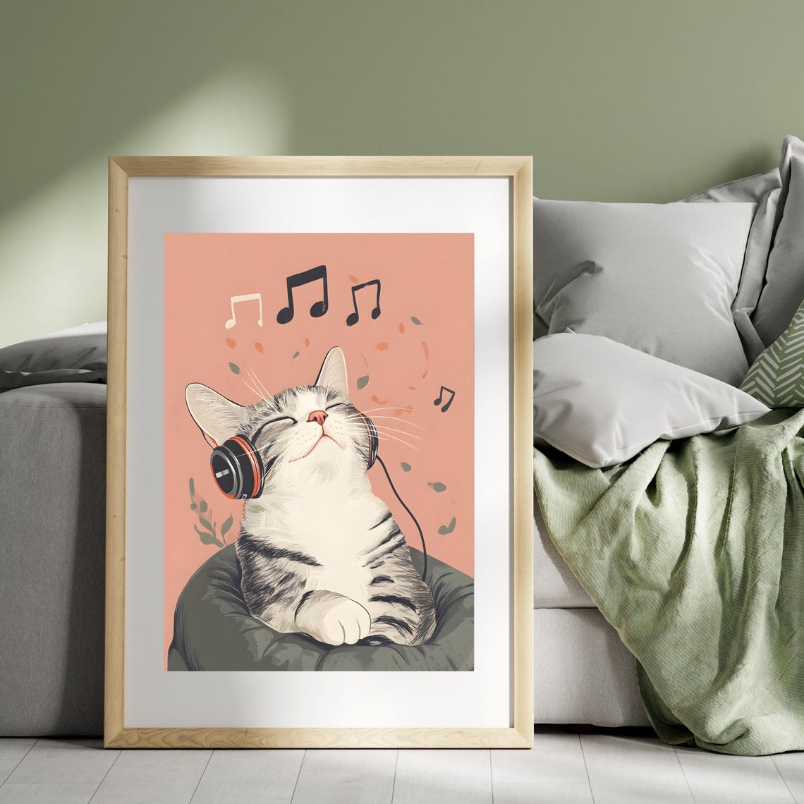 Relaxed Tabby Cat Wearing Headphones with Floating Music Notes Poster - Image 6