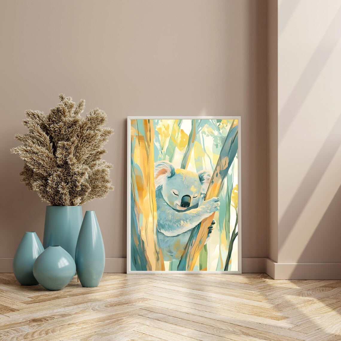 Sleepy Koala Hugging a Sunlit Eucalyptus Trunk in a Soft Painted Forest Poster - Image 7