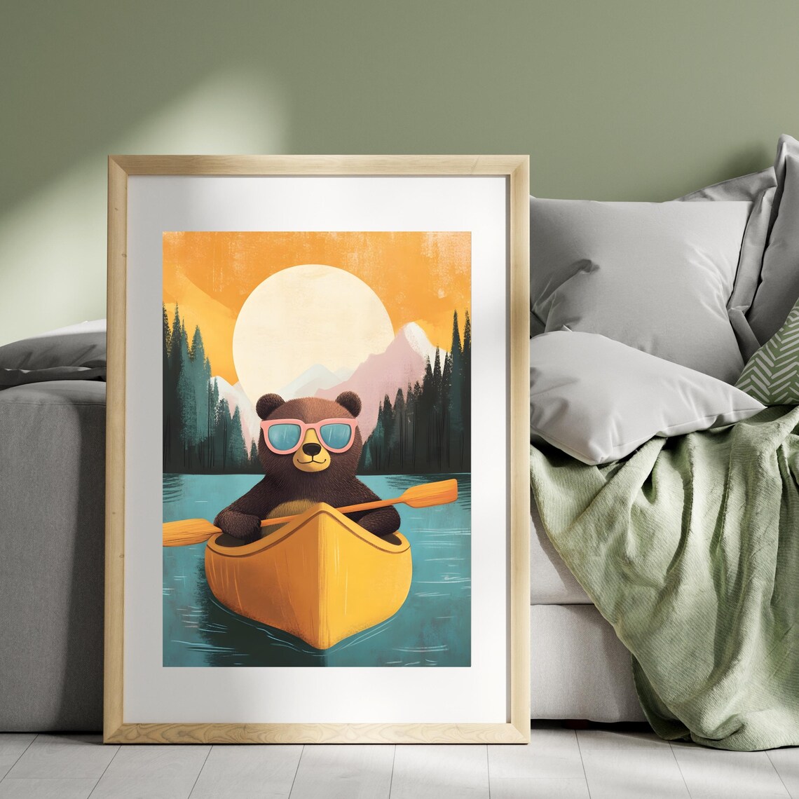 Cool Dark Bear in Pink Sunglasses Paddling a Yellow Canoe at Sunset Poster - Image 6