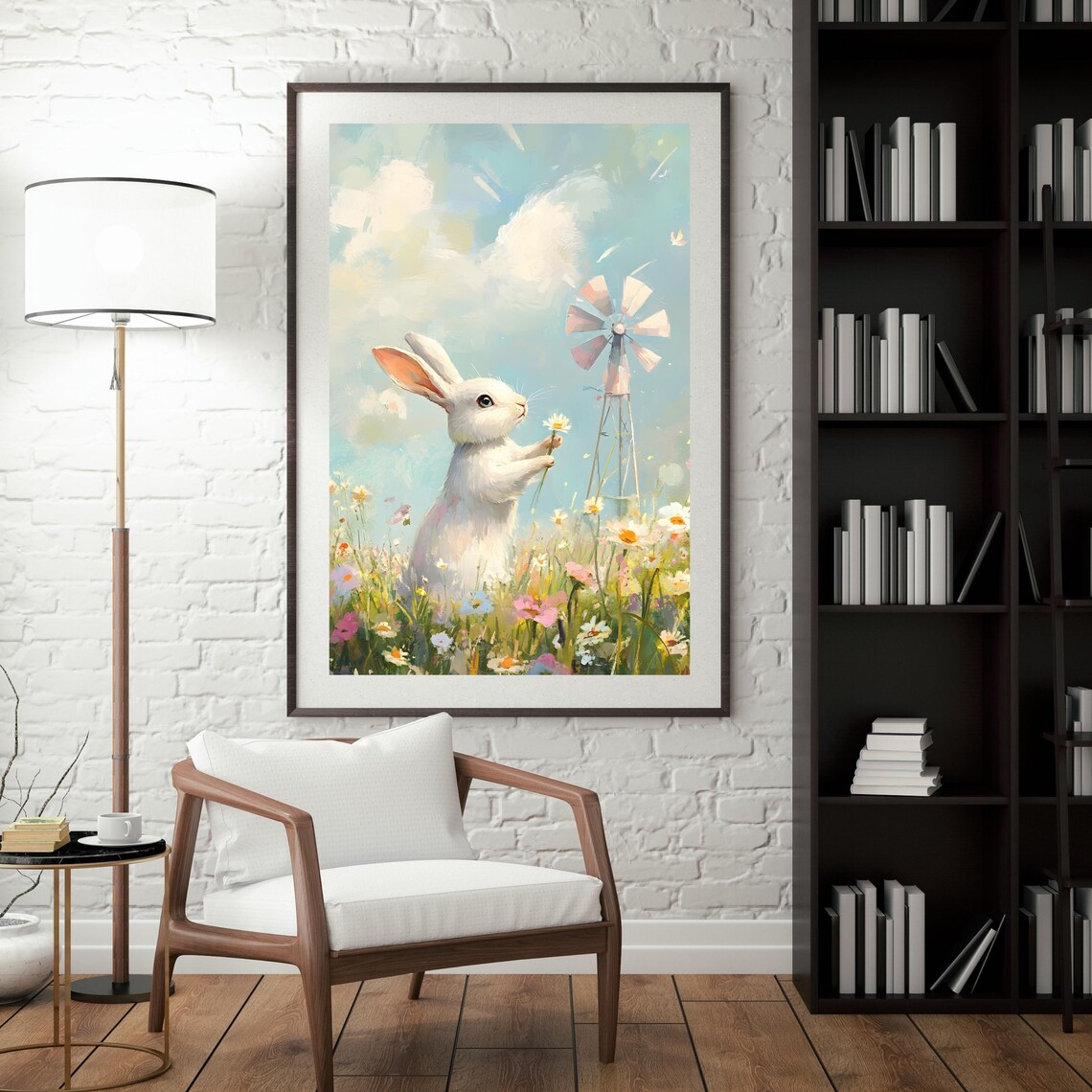 Playful White Bunny Holding a Daisy in a Blooming Spring Flower Meadow Poster - Image 3