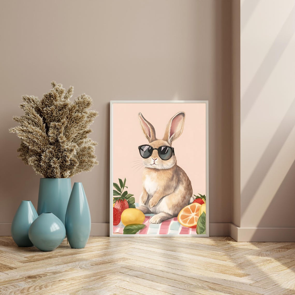 Cool Tan Rabbit in Sunglasses on Summer Fruit Picnic Blanket Poster - Image 4