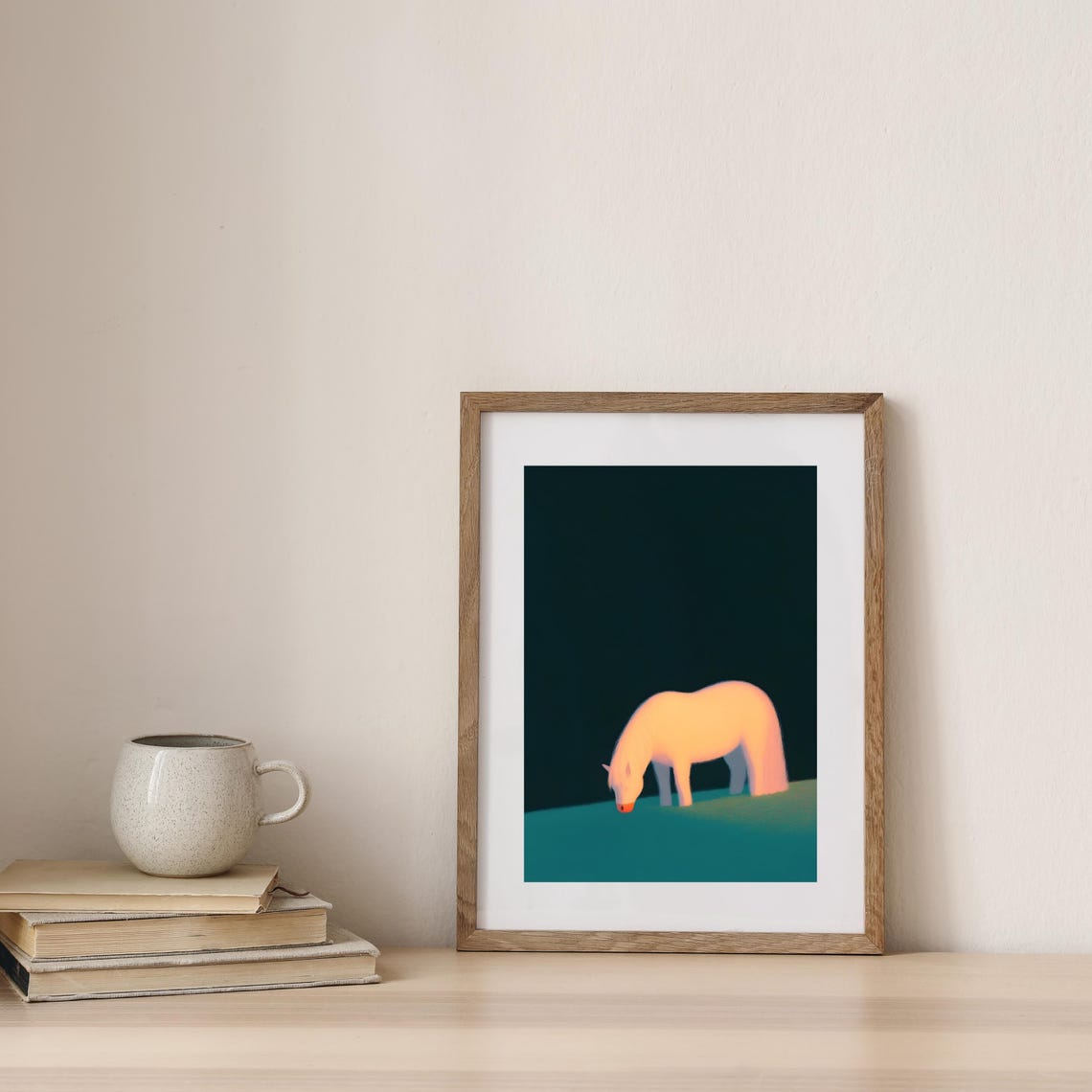White Horse Grazing On Teal Hill Minimalist Dreamy Horse Poster - Image 3