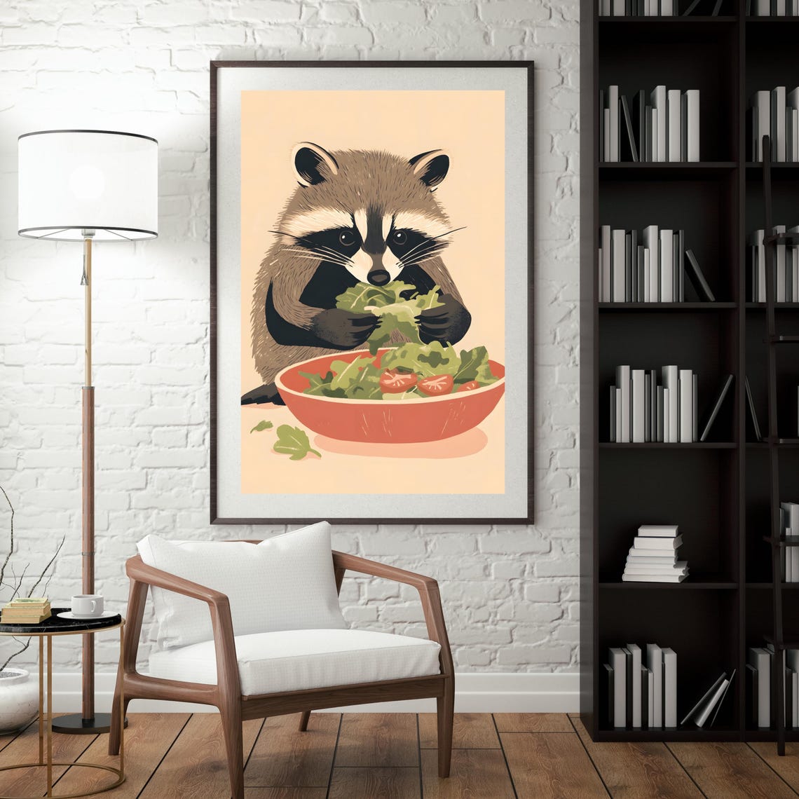 Cute Raccoon Enjoying a Fresh Green Salad Bowl with Tomatoes Poster - Image 4