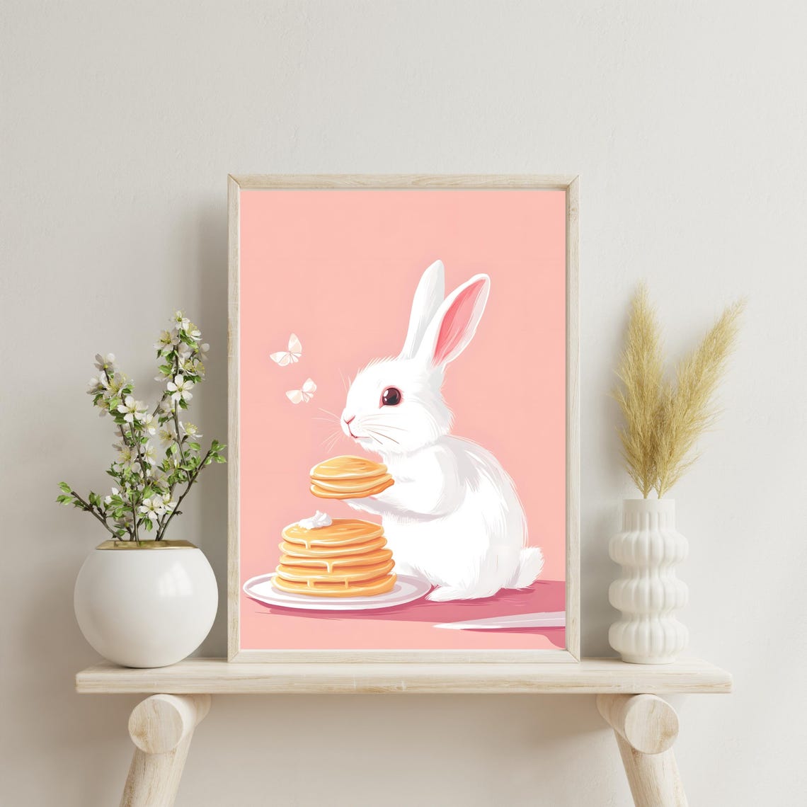 Cute White Rabbit Holding a Tall Stack of Pancakes with Butter Poster - Image 3
