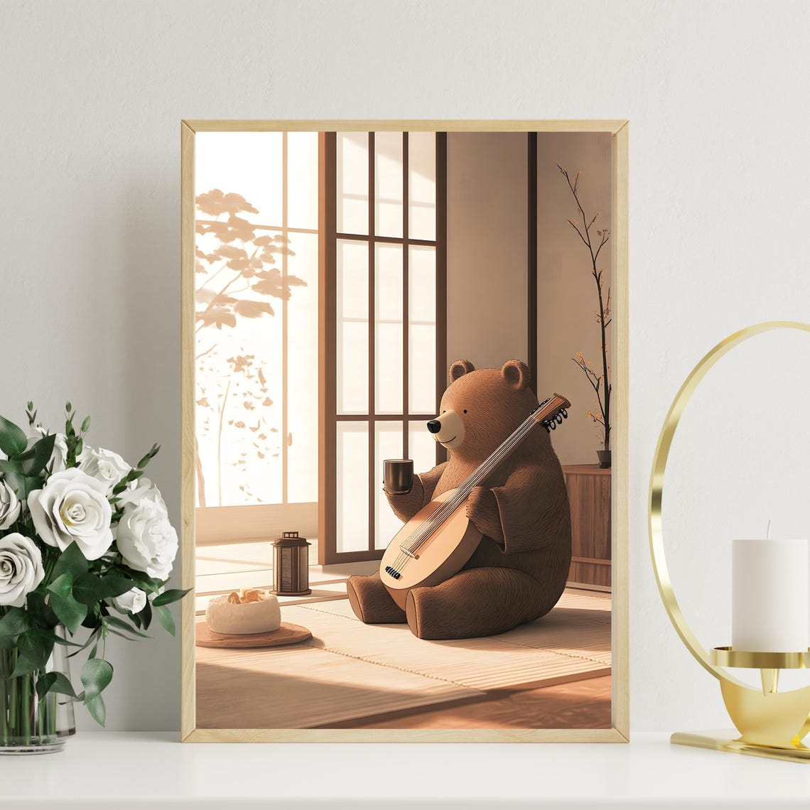 Cozy Bear Playing Lute Japanese Tea Room Relaxing Animal Art Poster - Image 2