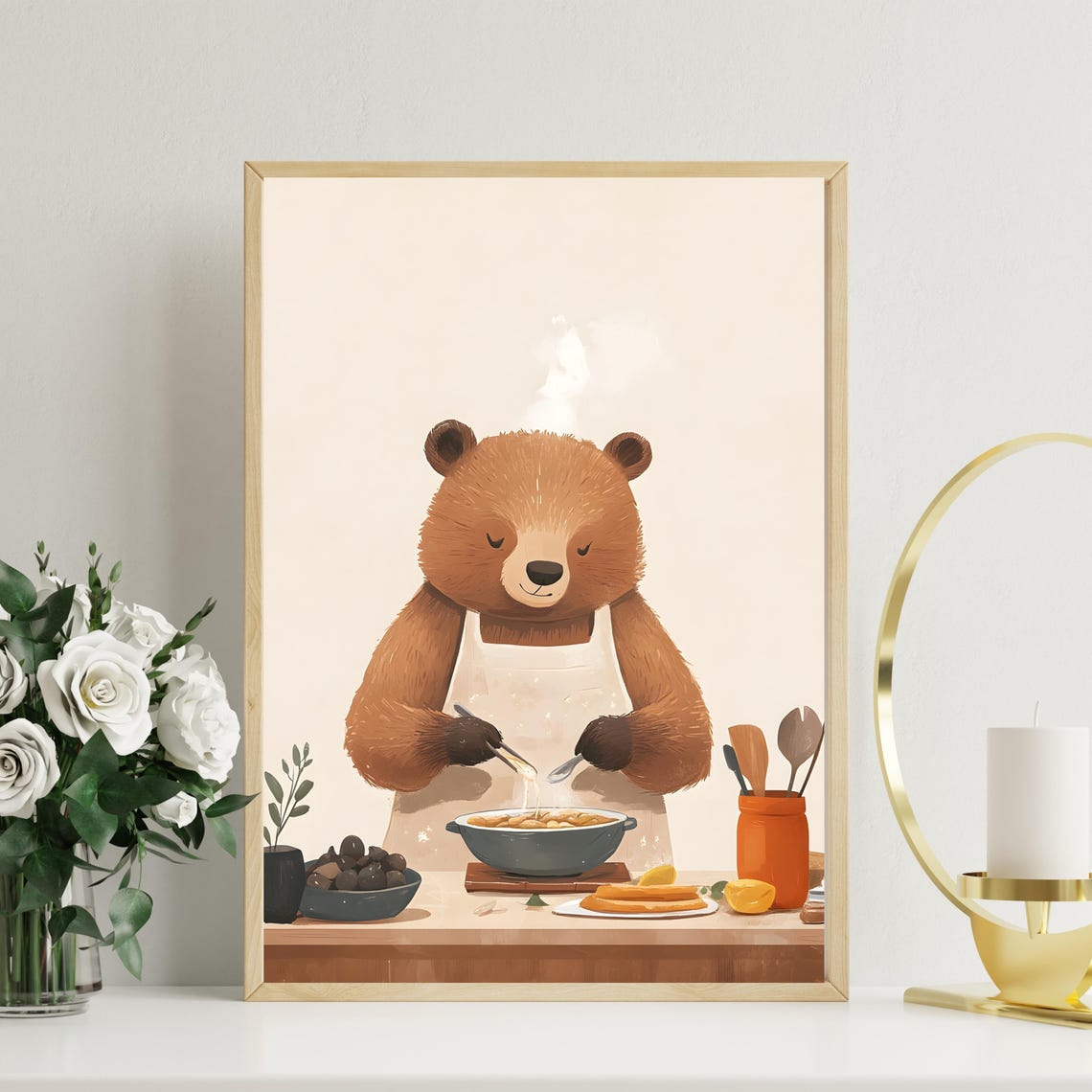 Cute Bear Chef Stirring Pasta in a White Apron in the Kitchen Poster - Image 2