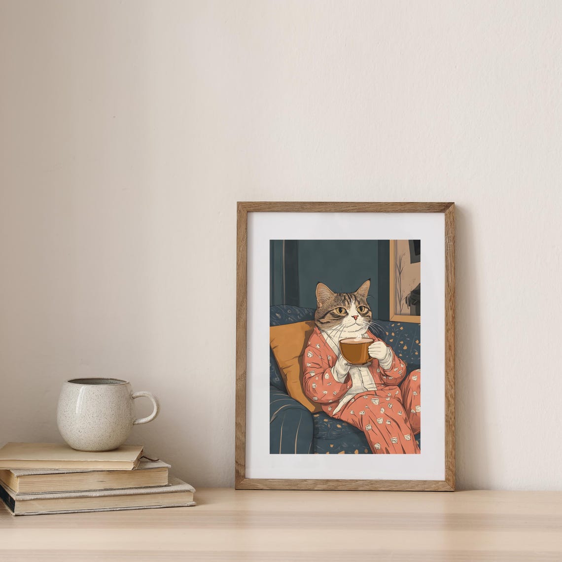Cozy Tabby Cat in Pajamas Drinking Coffee on a Blue Sofa Poster - Image 7