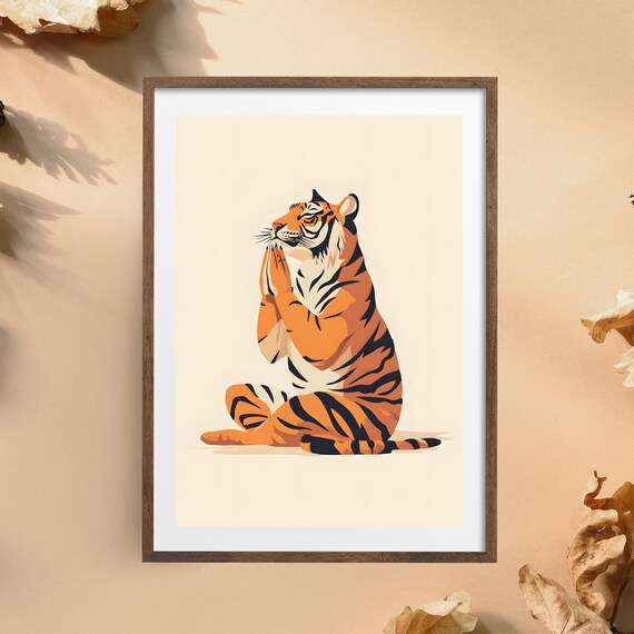 Serene Tiger Meditating in Lotus Pose Minimalist Cream Zen Poster