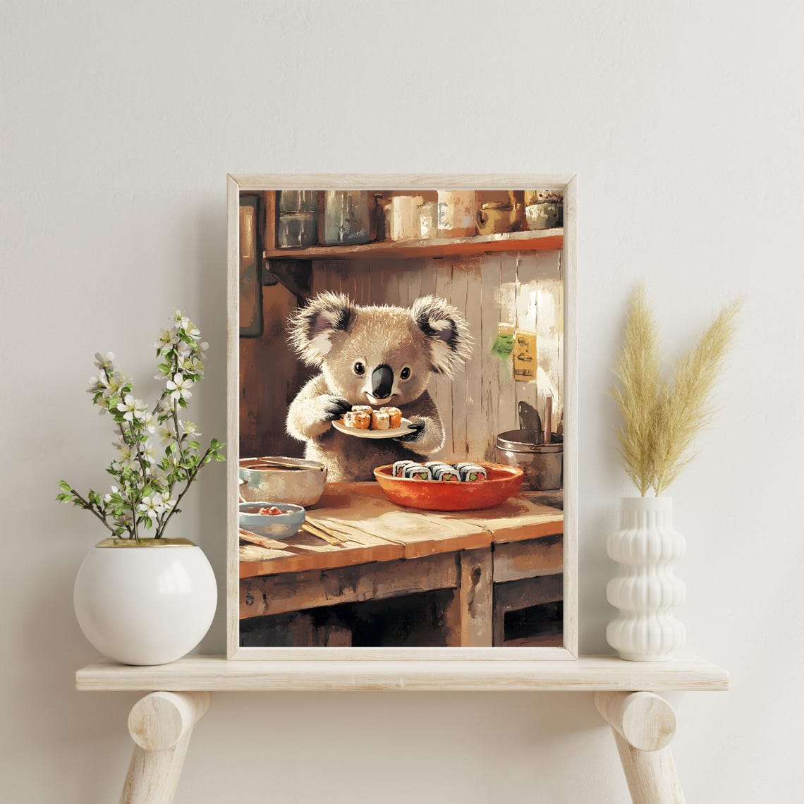 Adorable Koala Holding Sushi Plate in Rustic Wooden Kitchen Poster - Image 2