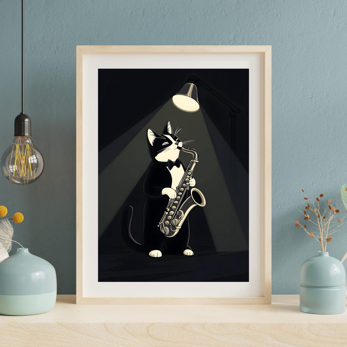 Black and White Cat Playing Saxophone Under Lamp Light Poster - Image 5