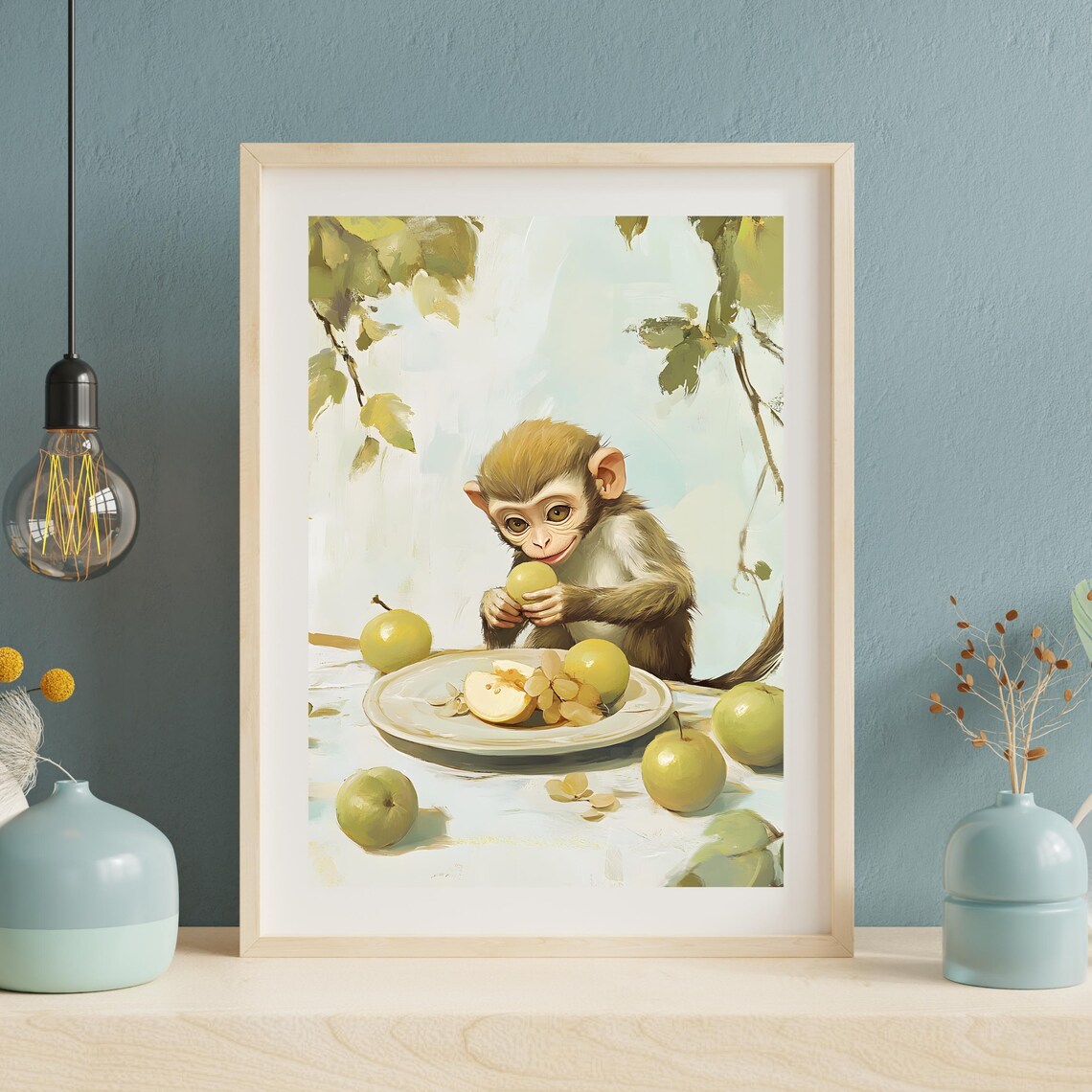 Wide-Eyed Baby Monkey Munching Green Apples at a Fruit-Laden Table Poster - Image 2
