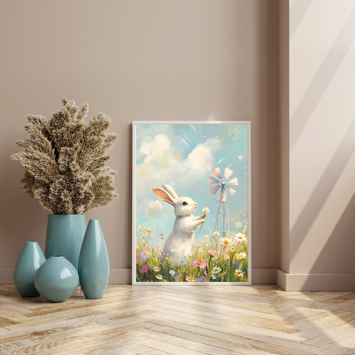 Playful White Bunny Holding a Daisy in a Blooming Spring Flower Meadow Poster - Image 7